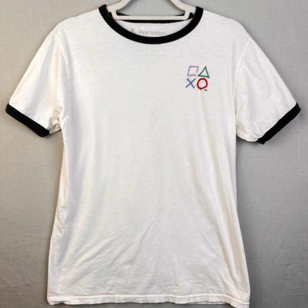 PlayStation Ring Neck T Shirt Unisex Medium White Gamer Video Game Streetwear